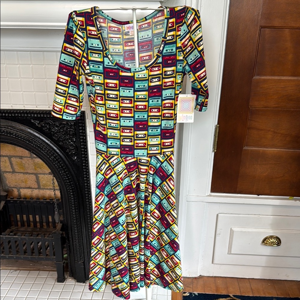 LuLaRoe Blue and Red Fit and Flare Nicole Cassette‎ Tape Midi Dress-NWT
